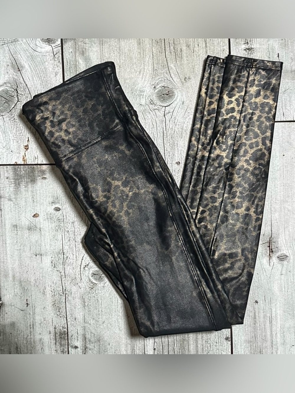 SPANX 20270R Faux Leather Leopard Shine Gold Animal Print Leggings S/P Small